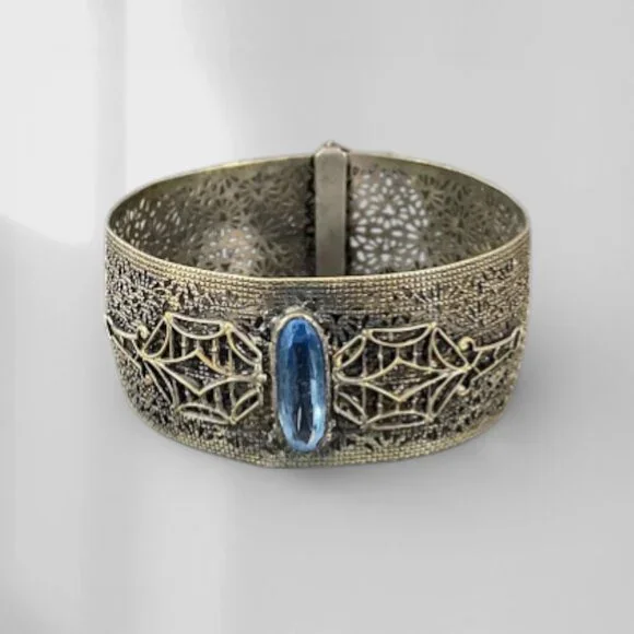 Antique Art Deco Wide Filigree Blue Glass Center Stone Buckle Bracelet - Picture 3 of 13